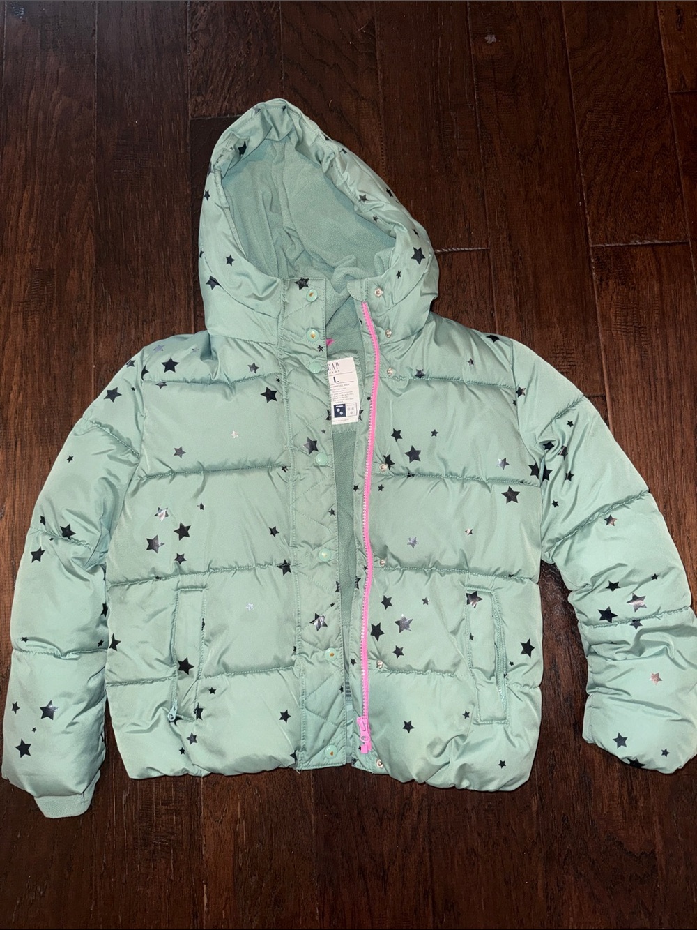 GAP Girls' Mint Star-Print Hooded Puffer Coat Large